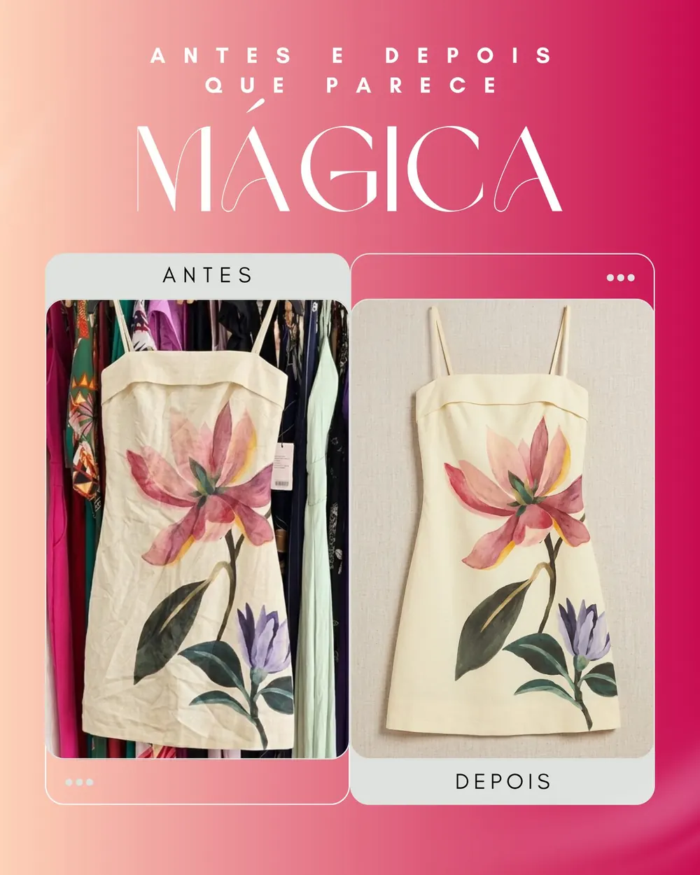 Vestido floral fotografado na arara e depois em foto de catálogo